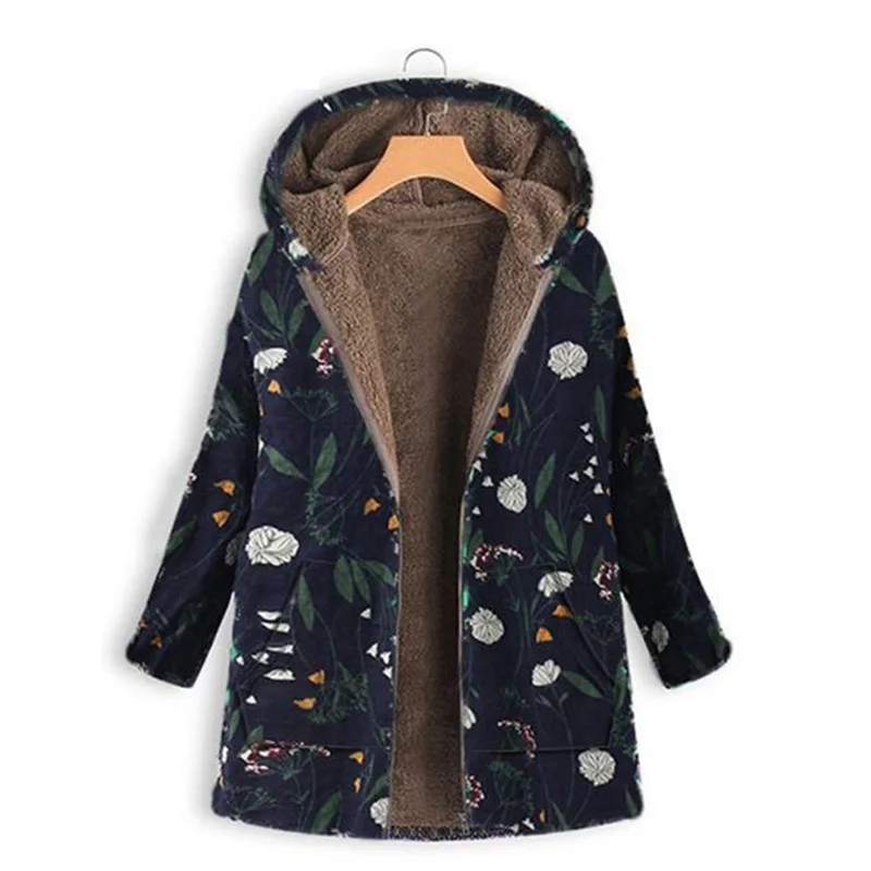 

Women Print Winter Coat Casual PlusSize Fluffy Fleece Cozy Women Coat Warm Long Sleeve Zipper Hooded Female Coat Outwear