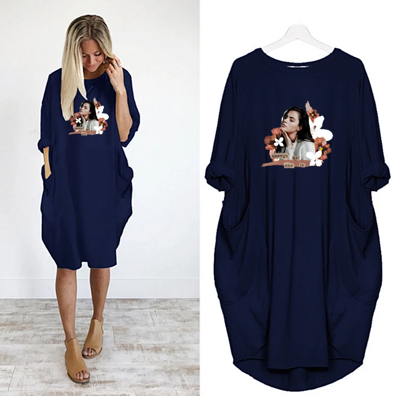 

2020 Women Dress Vintage Girl Print Long Sleeve Casual O Neck Pocket Loose Plus Size 5XL Woman Midi Black Dress Pregnant Robes