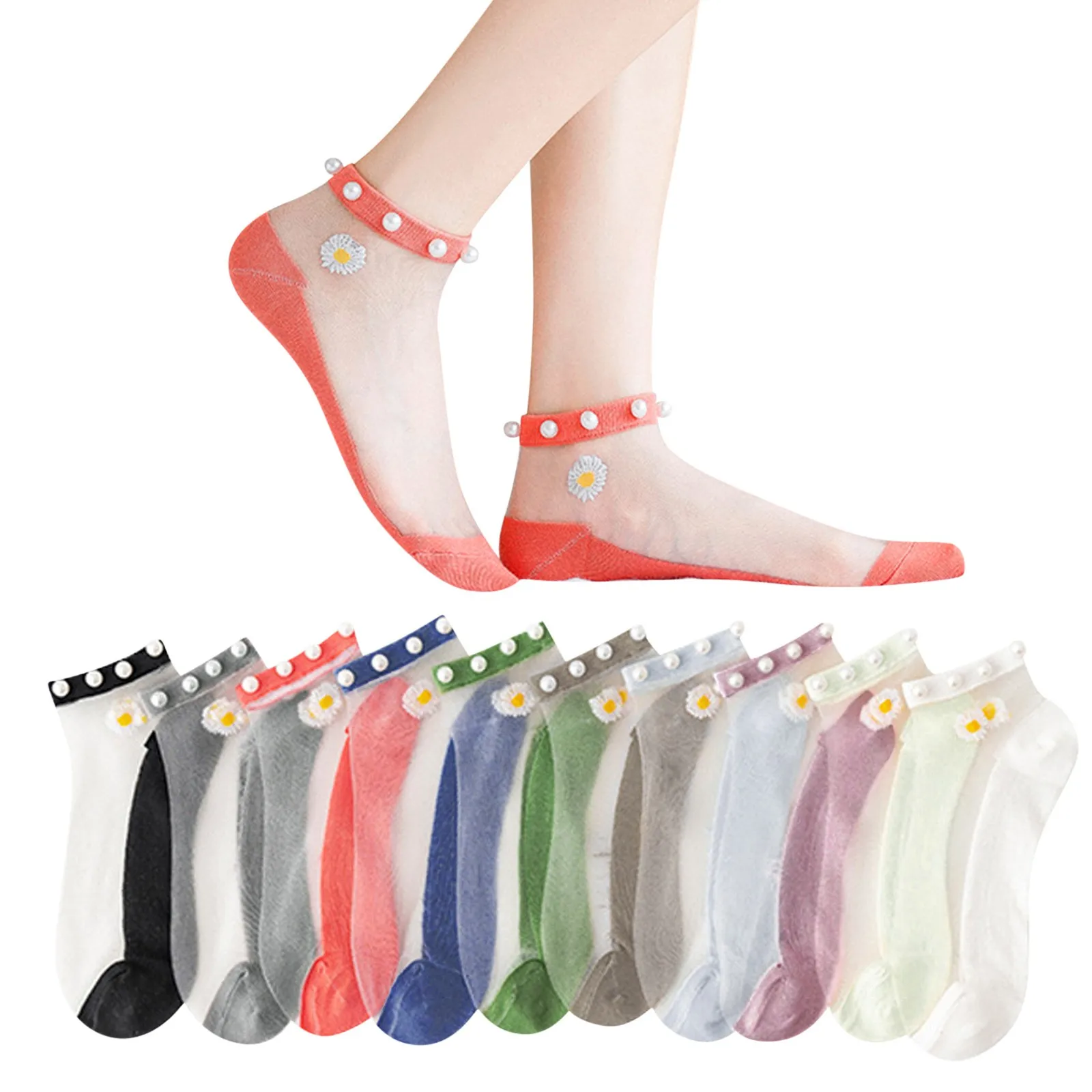 

Breathable Thin Socks Women Summer Transparent Lace Socks with Pearl Lady Glass Silk Cotton Mesh Daisy Socks Nylon Ankle Socks