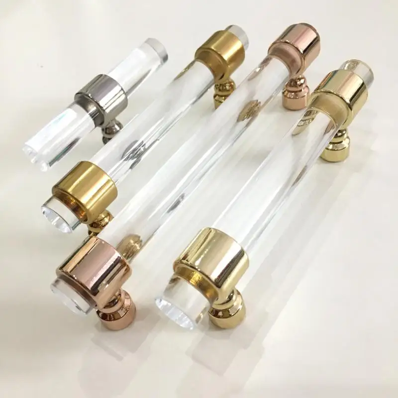 

4pcs/lot Acrylic Cabinet Handle Clear Plastic T- bar Transparent Drawer Pulls with Gold Accessory