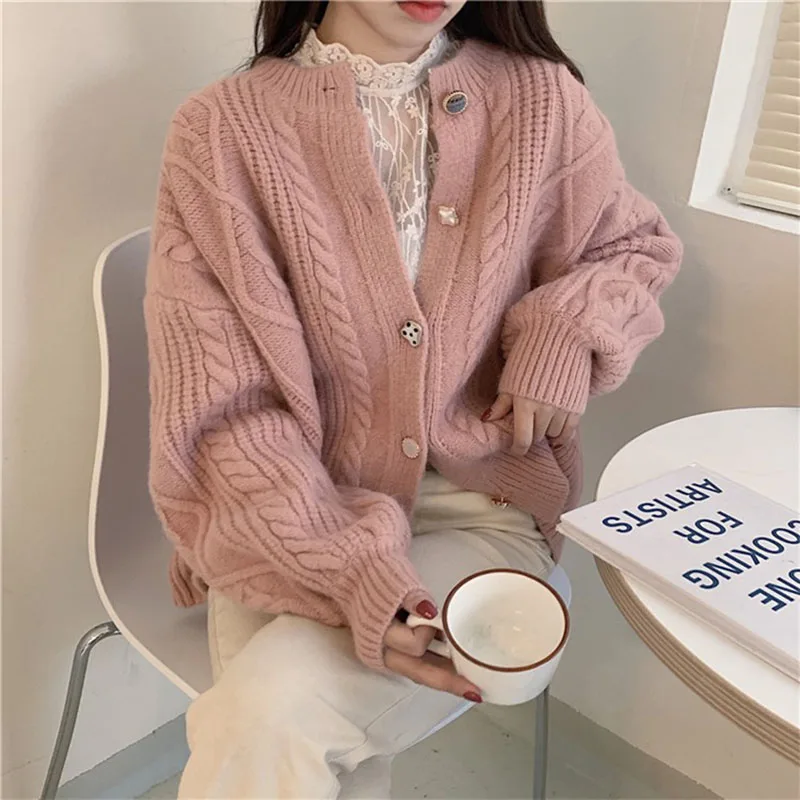 

Casual Solid Cardigans Women O-Neck Full Sleeve Lazy Wind Sweater Cardigans 21 Autumn Loose Elegant Knitwear Feminina LD2222