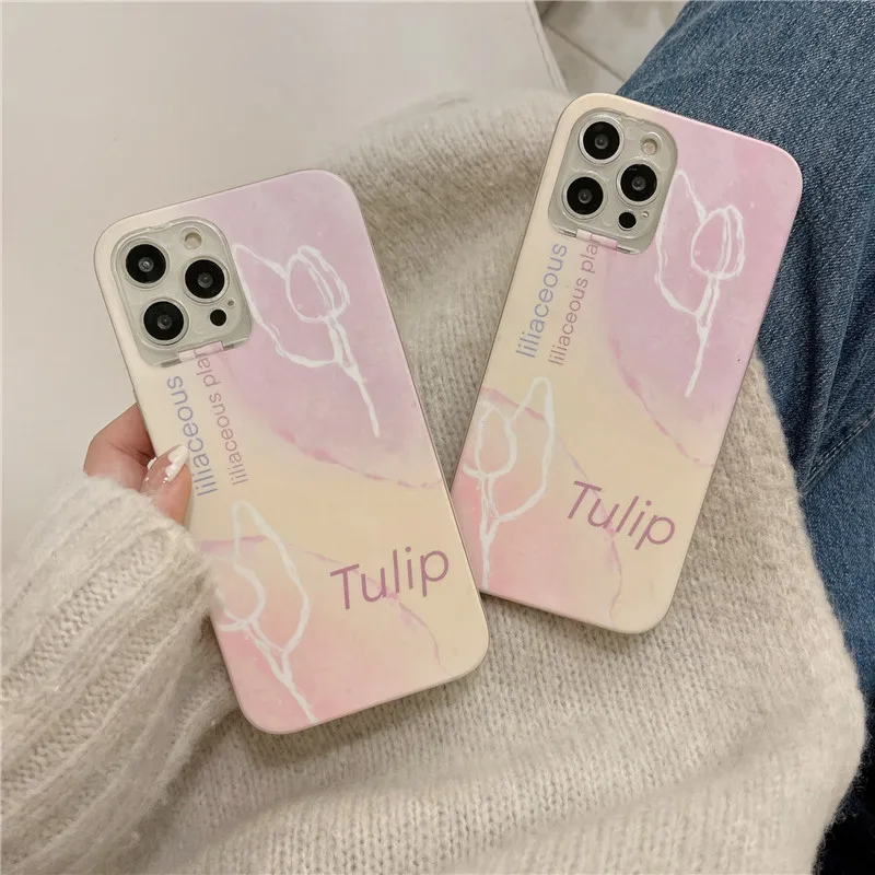 

Hand Painted Tulip Bracket Phone Case For iPhone 7 8 Plus 11 12Pro 13 13Pro X Xs Max Xr Matte soft TPU silicon Cover Fundas