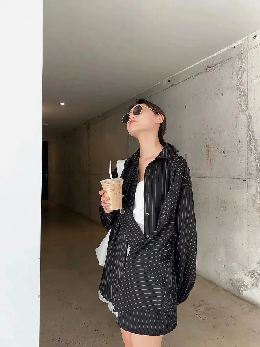 

Qiu dong/Новая женская рубашка в полоску с отворотом и металлической пряжкой