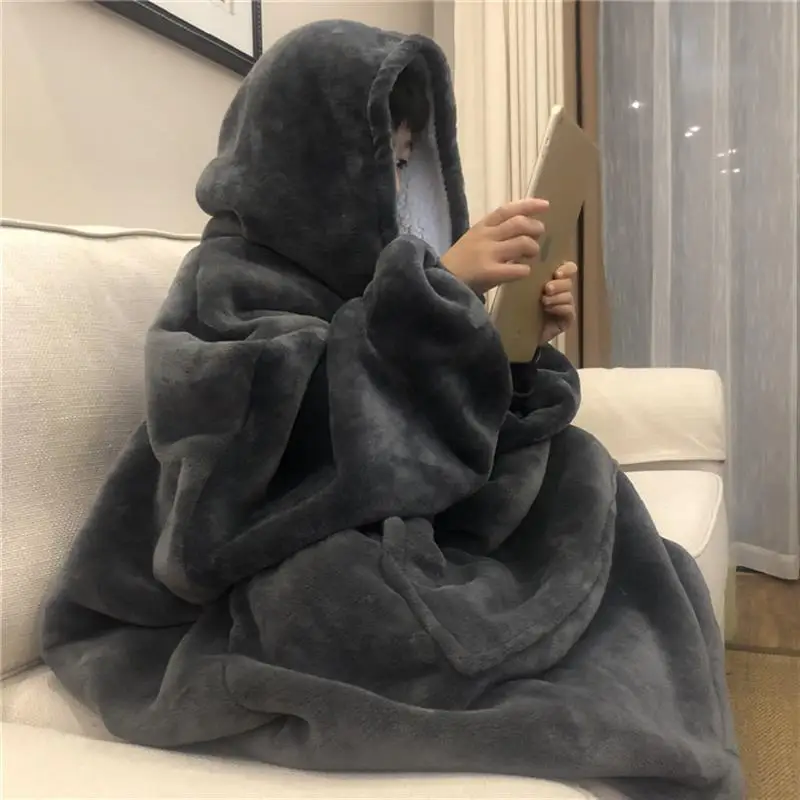 

Winter Warm Pocket Hooded Blankets Adults Bathrobe Sofa Cozy Blanket Sweatshirt Solid Plush Coral Fleece Blankets Outwears