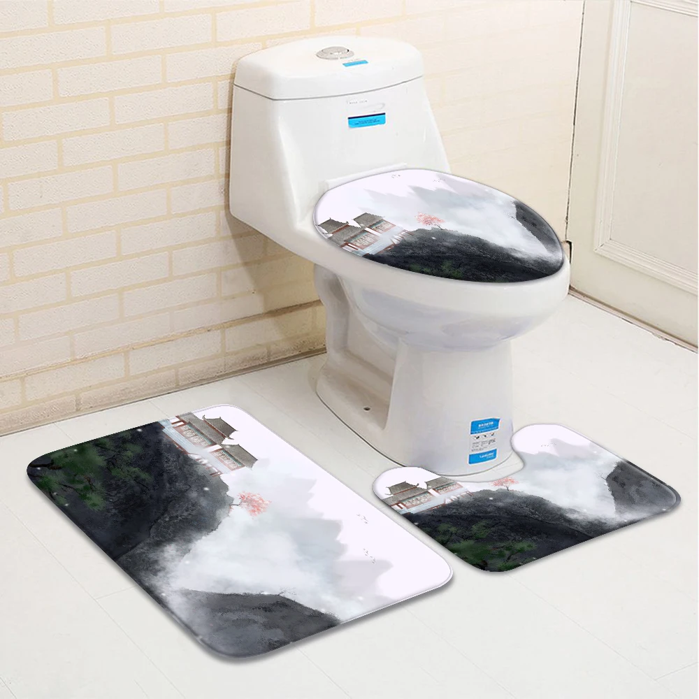 

3pcs/Set Landscape Bathroom Mat Sets Pavilion Spring Natural Scenery Chinese Style Bath Decor Bathtub Toilet Carpet Non-Slip Rug