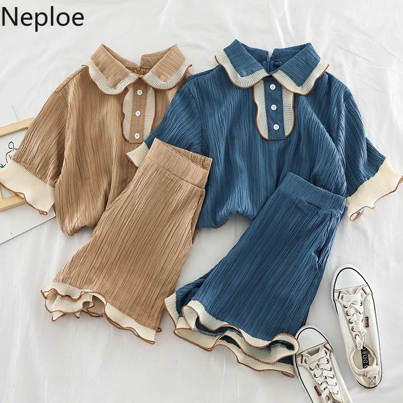 Женский комплект из 2 предметов блузка с коротким рукавом и круглым воротником +