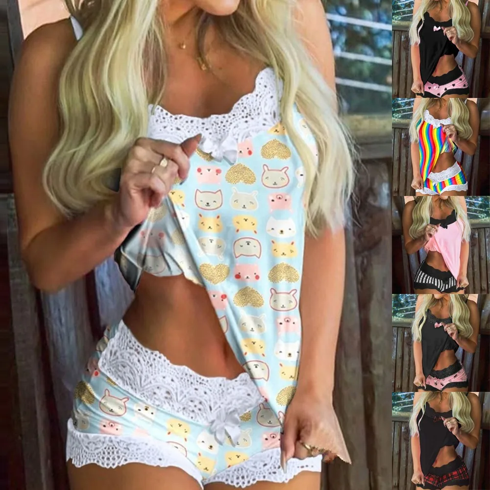 

Nightwear Sets Cotton Lace Pyjama Wrapped Chest Two-piece Sleepwear Sexy Summer Loose Top And Short Set