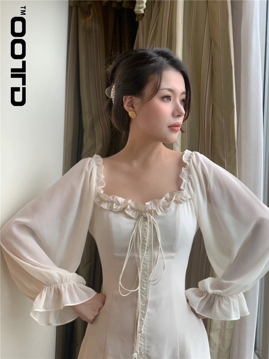 

OOTD French Off The Shoulder White Elegant Dress 2021 Summer Women Bandage Retro Party Mini Dress Women Clothing