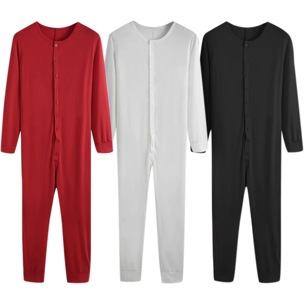 

VICABO Men Long Sleeve Button Jumpsuit Nightwear Casual One-Piece Split Undershirt Loungewear Home Clothing