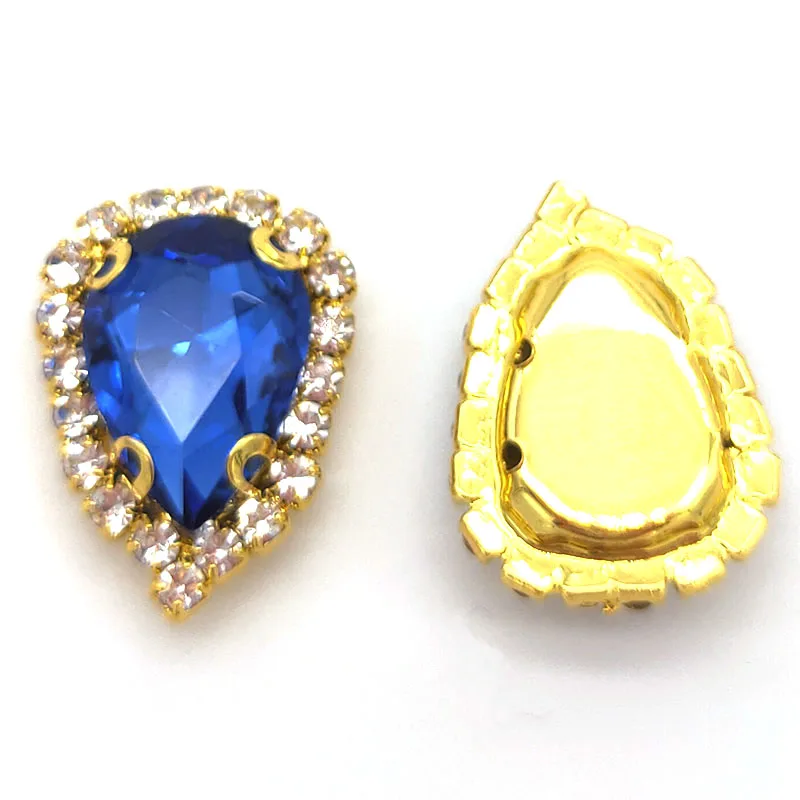 

New Arrival Light Blue AAA+ Glass Teardrop Flatback Crystal Button, Gold Bottom Sew On Rhinestones For DIY Clothing