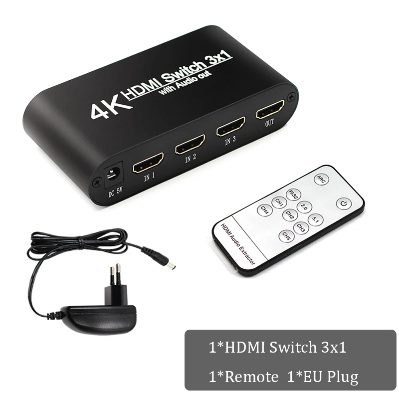 1080P hdmi-hdmi коммутатор 3x1 3 в 1 выход 4 к аудио экстрактор с дистанционным Аудио HDMI в SPDIF выход для ТВ ПК проектор камеры - Цвет: EU Plug and Remote
