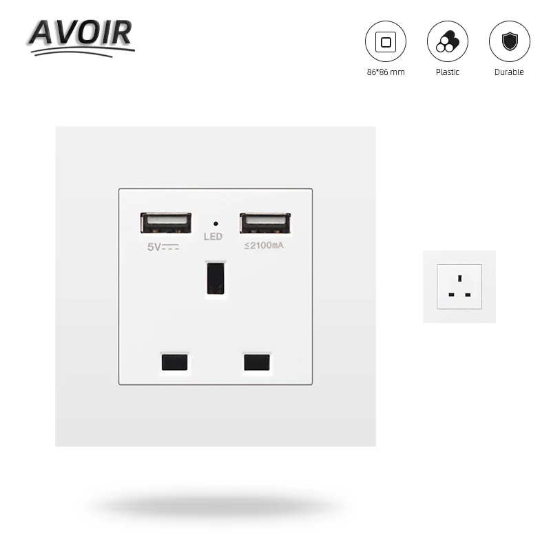 

Avoir UK Standard Plug Socket PC Plastic Panel AC110~250V 13A Usb 2.1A Wall Outlet Power Adapter With LED Indicator