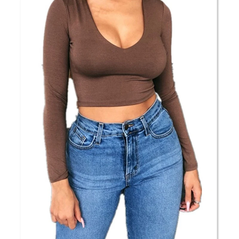 Осень весна укороченный топ Новые однотонные женские блузки и топы сексуальные v