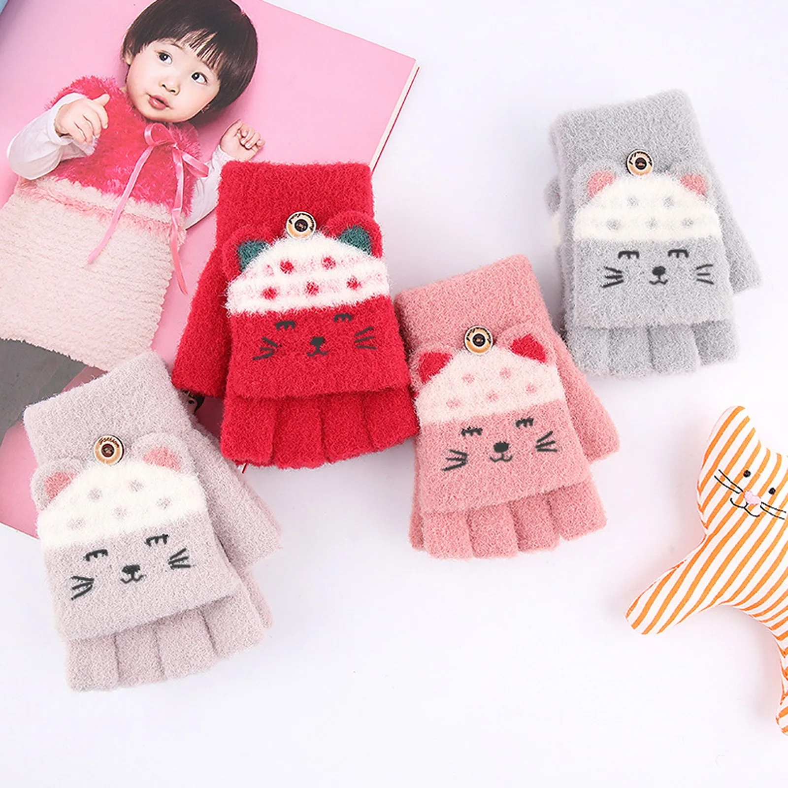 

Winter Women's Gloves Warm Touch Screen Cute Lovely Fingerless Gloves Outdoors Soft Knitted Plus Velvet Flip Half-finger Gloves