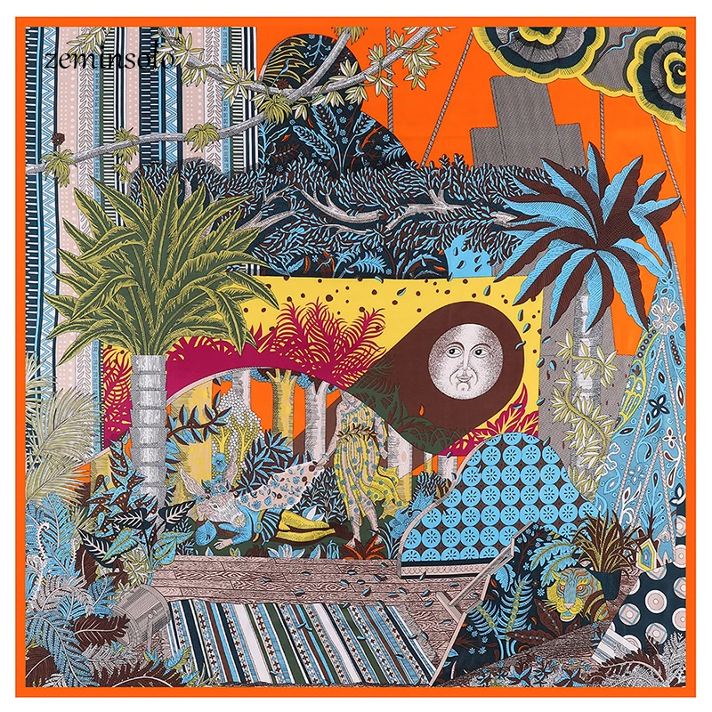 

100% Twill Silk Women Scarf Bandana Fashion Cartoon Print Square Scarves Wraps Ladies Headband Luxury Brand Large Shawls Hijab