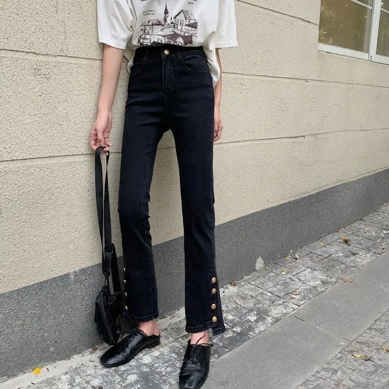 

Grunge Jeans Women High Waist Slim Skinny Pants Female Stretch Casual Nine-Point Micro-Flared Streetwear Trousers NEW Fashion