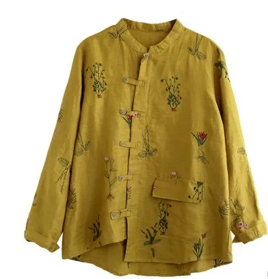 

2021 Spring Linen Embroidery Stand Collar Vintage Buckles Irregular Shirt Women's Blouse Top