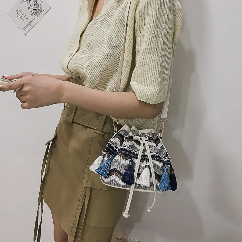 Богемная женская сумка через плечо для отдыха тканая на шнурке сумка-пельмень