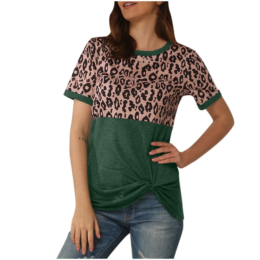 Леопардовая женская блузка рубашка с круглым вырезом короткий рукав