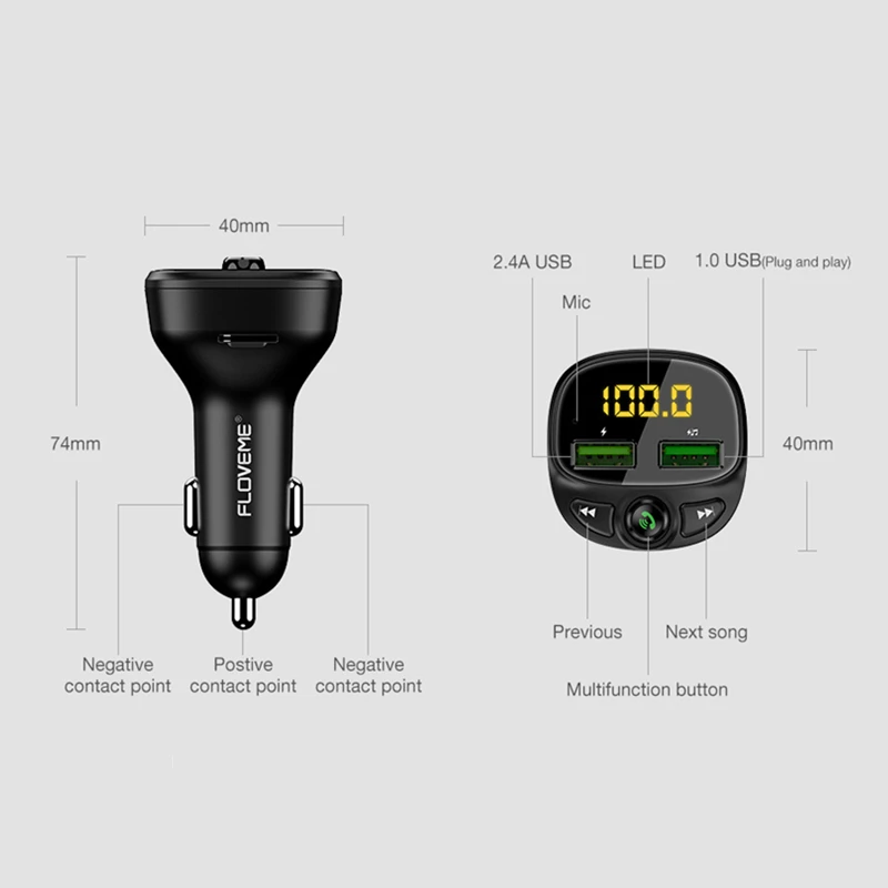 Автомобильное зарядное устройство для телефона 2 USB беспроводной Bluetooth