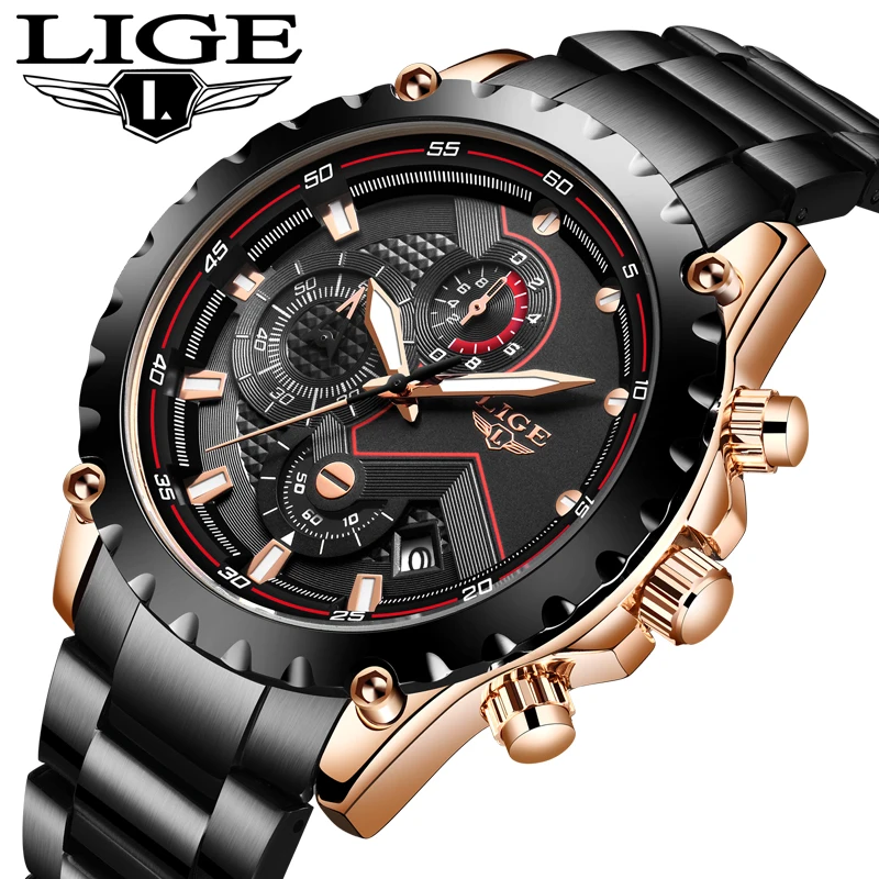Часы наручные LIGE Мужские кварцевые брендовые модные спортивные с хронографом