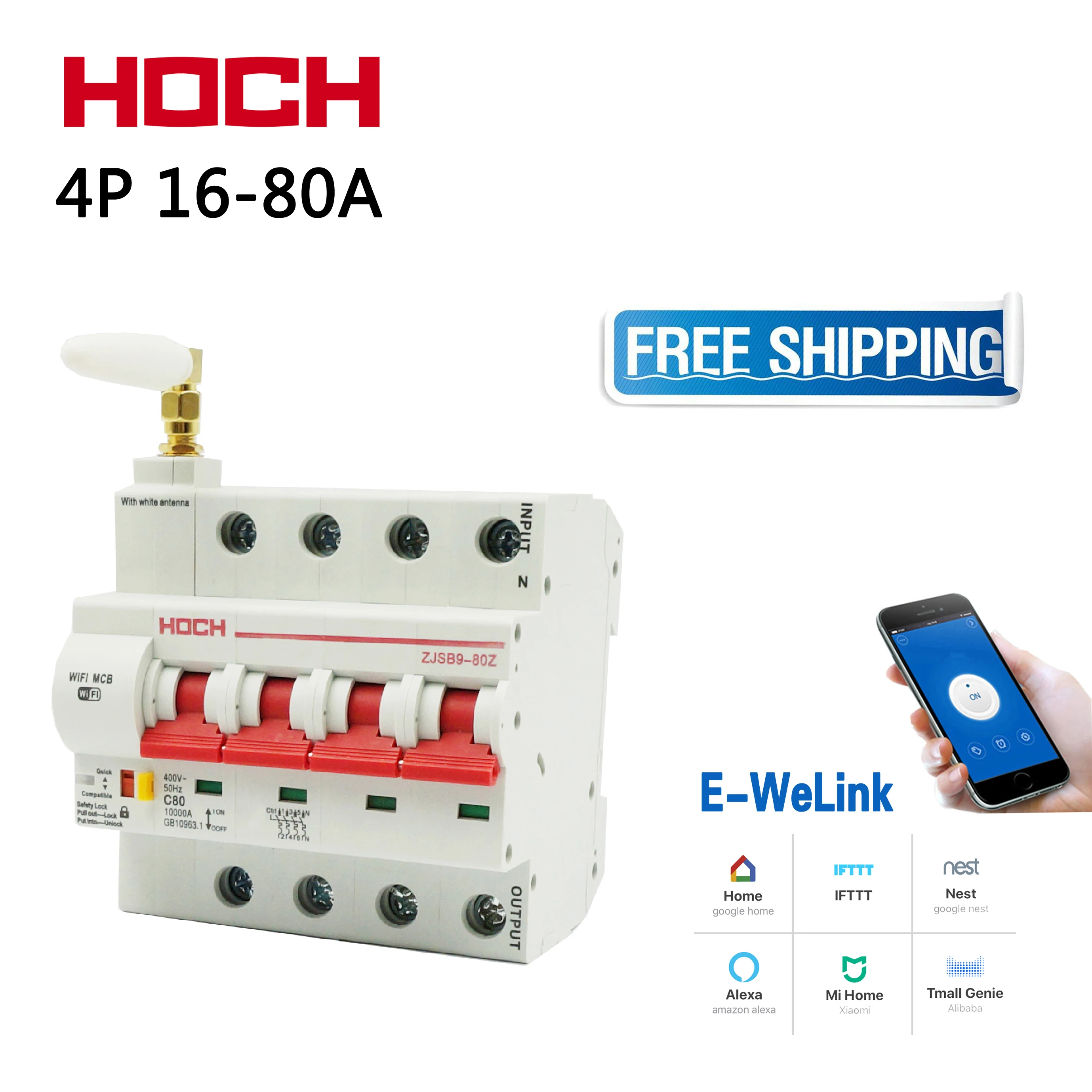 HOCH ZJSB9 80Z Мини WIFI автоматический выключатель с дистанционным управлением 4P eWelink