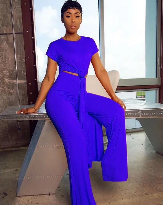 

autumn hot style women short sleeves and long pants outfit casual solid color casual two-piece set