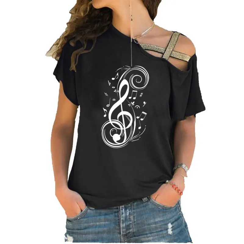 

Musical Note graphic Women t shirt Summer women fashion tshirt Irregular Skew Cross Bandage cotton tee tops