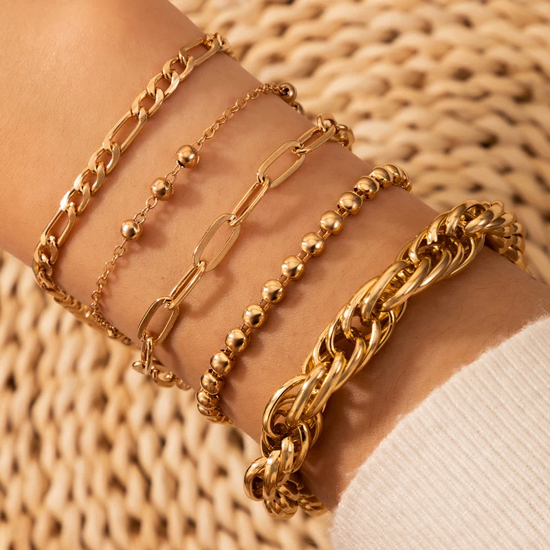 

Tocona 5pcs/sets Punk Gold Braclets for Women Heavy Metal Bead Hollow Out Geoemtry Adjustable Party Jewelry Wholesale 17078