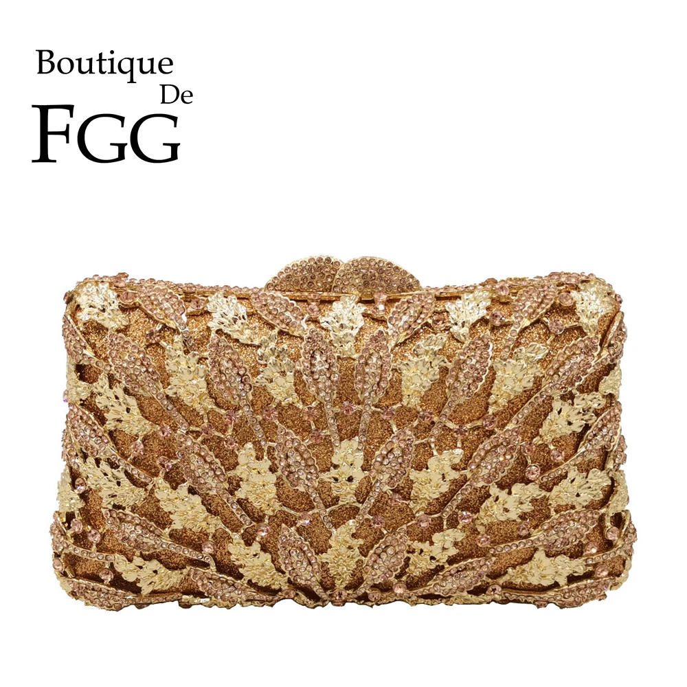 

Boutique De FGG Elegant Champagne Crystal Flower Women Minaudiere Evening Bags Wedding Clutch Bridal Diamond Purses and Handbags