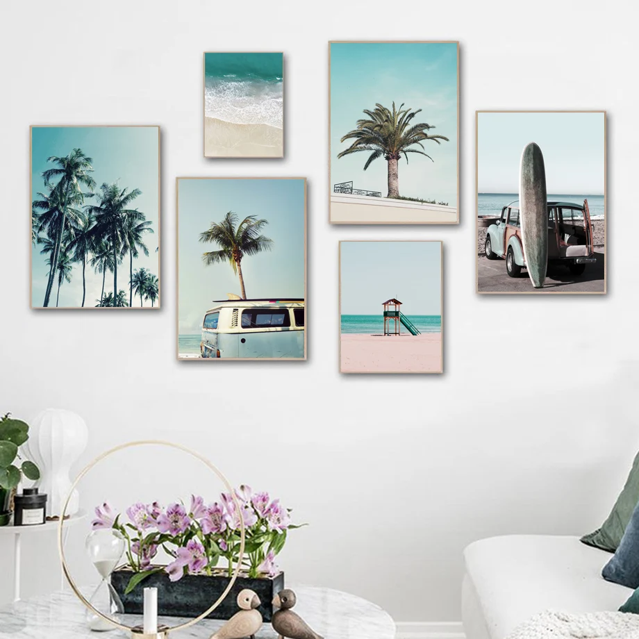 

Tropical Seascape Palm Beach Van Surfboard Wall Art Canvas Painting Nordic Poster And Prints Wall Pictures For Living Room Decor