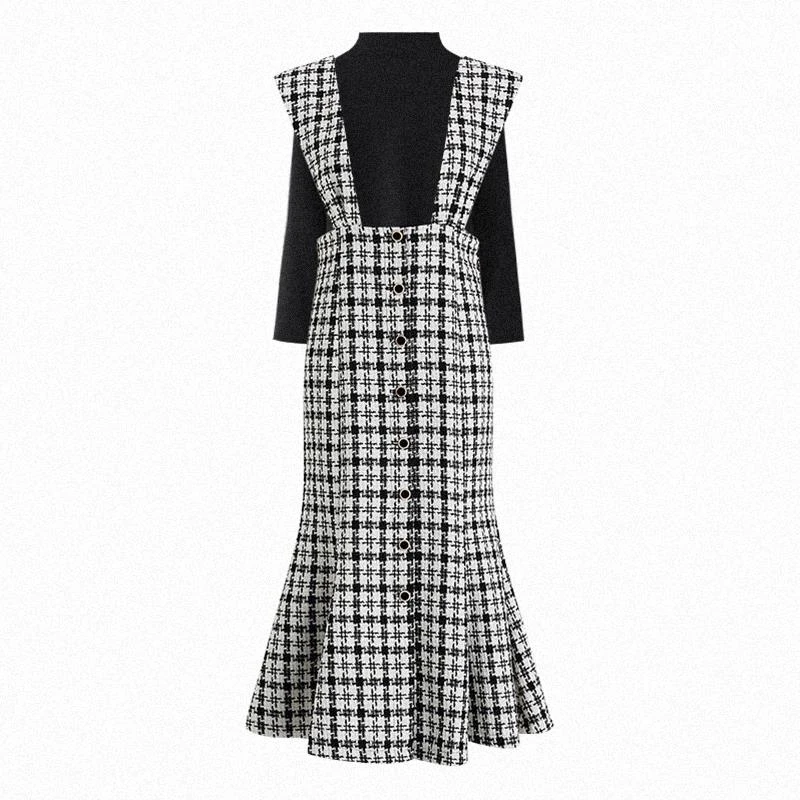 

Elegant Retro Shirts Stand Long Sleeve Black Sweater Knitted Top Slim Sexy Wrap Hip Plaid Mermaid Dress Vest Fashion Sets