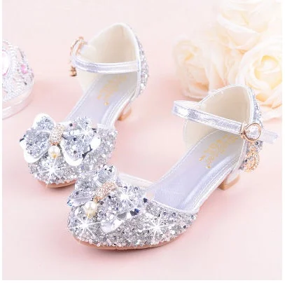 

2021 Girls Bow-knot Rhinestone high-heeled Sandals , Princess Performance Dancing Summer PU Leather shoes, purple, pink & Silver