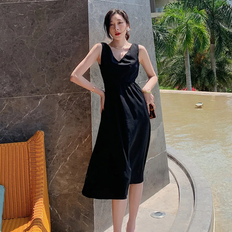 

V-neck French retro style small black dress hollow backless sexy holiday dress women preppy style dress women vintage dress