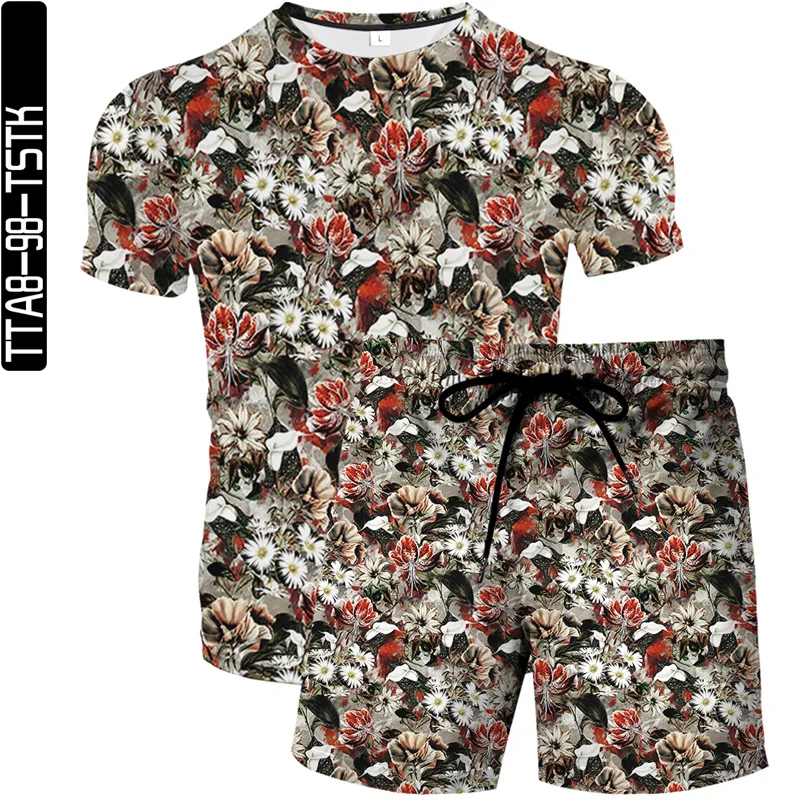 

Men's new 3D printed floral T-shirt + beach pants two-piece summer casual round neck short-sleeved lace-up shorts fashion suit