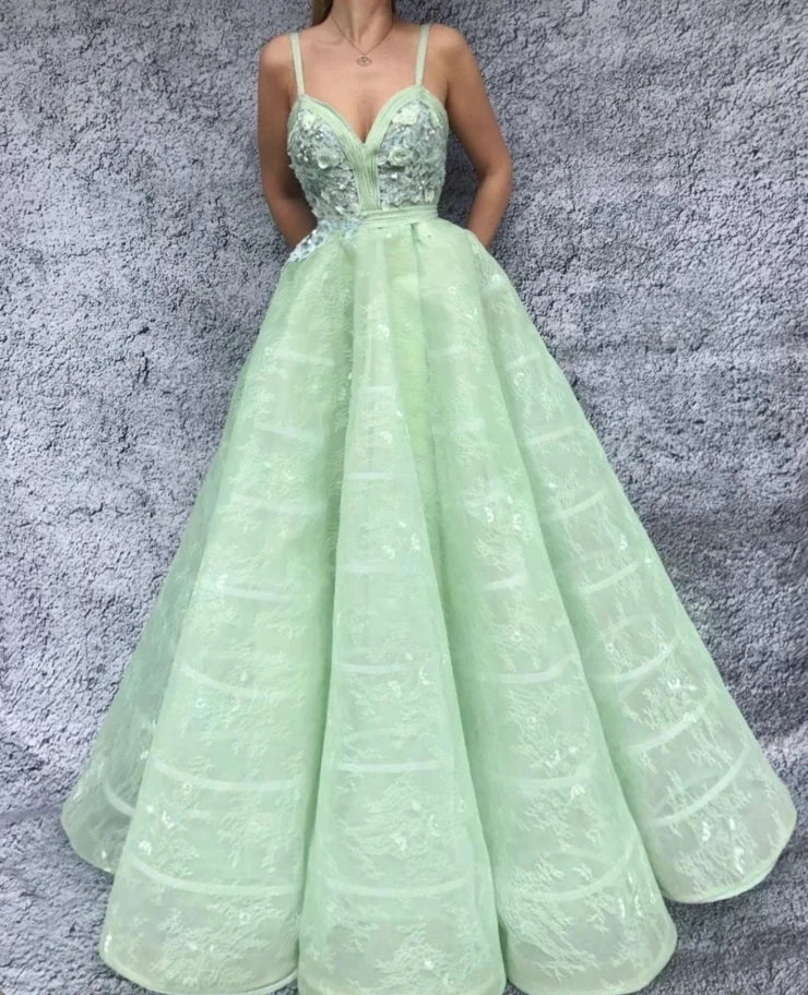 

Mint Green Moroccan Evening Dresses Ball Gown Spaghetti Straps Tulle Appliques Long Turkey Dubai Saudi Arabia Prom Dress Gown