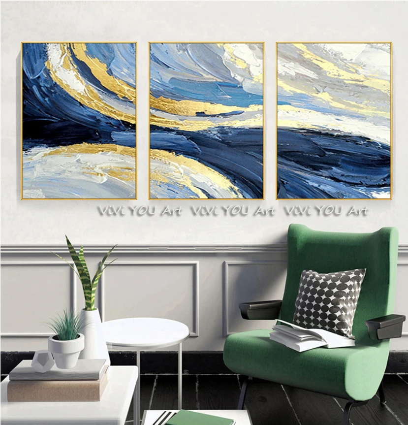 3 шт. абстрактная Золотая картина маслом ручной работы Современное украшение
