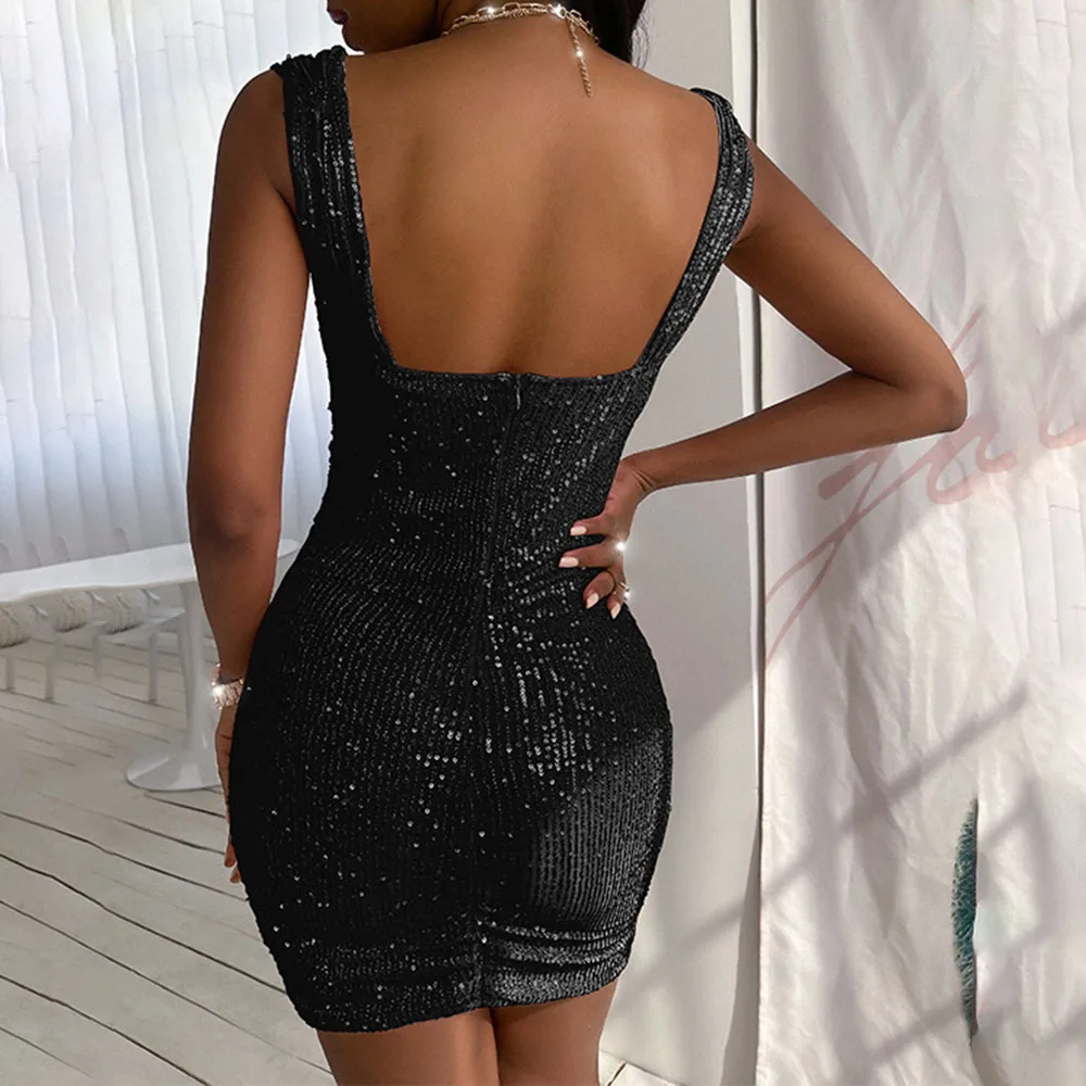 

Women's Dress 2021 Solid Color Western Style 2021 Summer New Fashion Oversize Sexy Square Collar Tight Backless Sling Dress