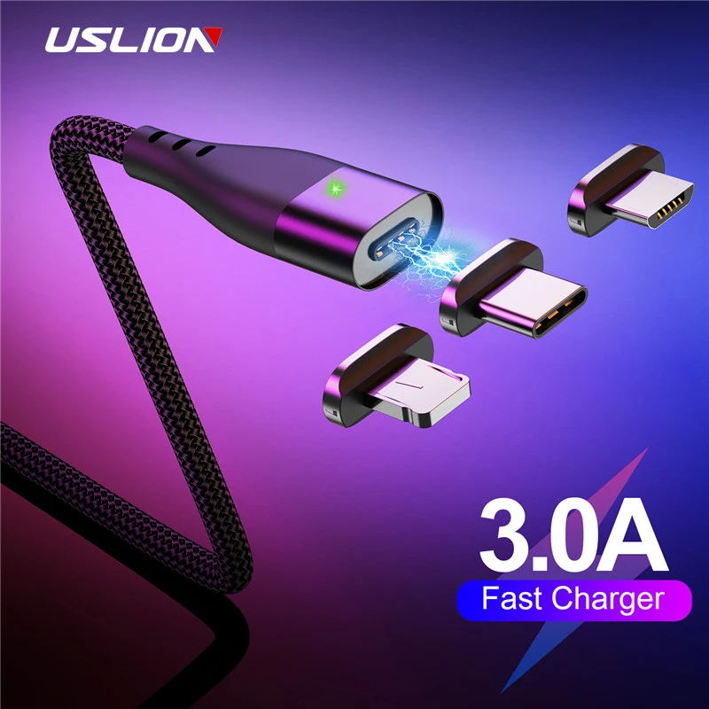 USLION Магнитный кабель Micro USB для iPhone samsung 3A, кабель для быстрой зарядки и передачи данных, Магнитный зарядный кабель usb type C, кабель для телефона Android