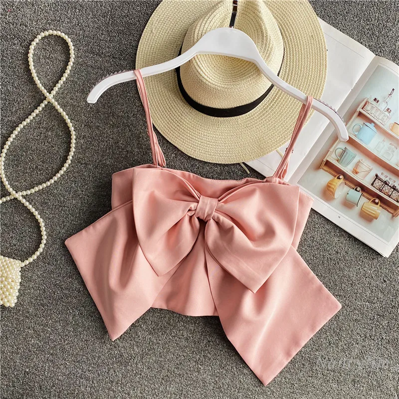 

2021 Summer New Camisole Tanks Women's Outer Wear Sweet Bow Sexy Sleeveless Short Crop Top White Black Pink Khaki
