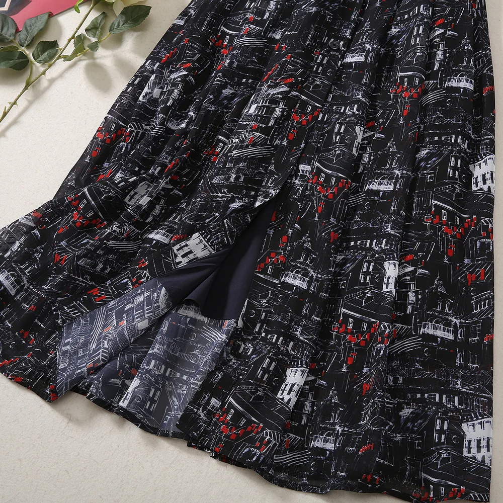 

New Korean Fashion Long Dress 2020 Summer Style Women Turn-down Collar Vintage Building Print Golden Belted Casual Maxi Dress