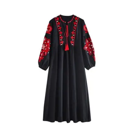 Navy Blue Женское платье с вышивкой, Ретро стиль, свободный рукав-фонарик, с вышивкой, хлопок, лен, длинное женское платье бохо, Осеннее Повседневное платье - Цвет: Navy Blue