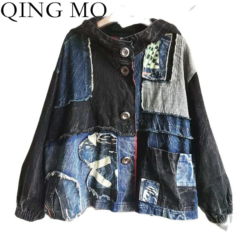 

QING MO Fashion Washed Stitching Distressed Denim Jacket Women 2021 Autumn New Loose Hooded Cardigan Female Jacket Black ZWL932
