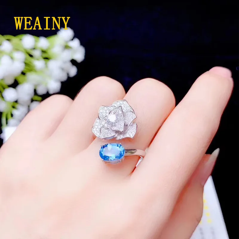 

WEAINY Rose Style Solid 100% 925 Sterling Silver Women's Topaz Rings Gemstone Fine Jewelry Ring Party Anniversary Gifts