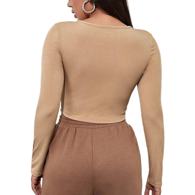 

YSDNCHI Rpind Neck Cotton White Black Crop Top Women Zipper Style Casual T Shirt Basic Sexy Streetwear Long Sleeve Tops Fashion