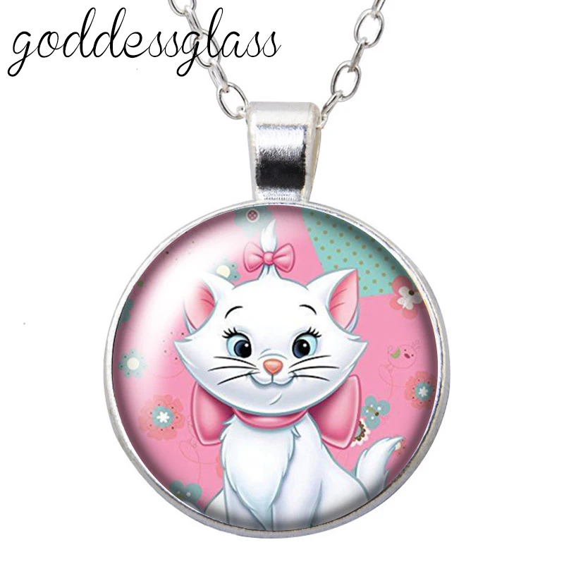 Disney Cute Marie Cat cartoon Round Glass glass cabochon silver plated/Crystal pendant necklace jewelry Gift images - 6
