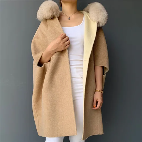 Beige Новые осенние Для женщин Шерстяное пальто уличная длинная верхняя одежда, в Корейском стиле, куртка из натуральной кожи Большие размеры Лисий меховой воротник кашемирвое пальто женское - Цвет: Beige