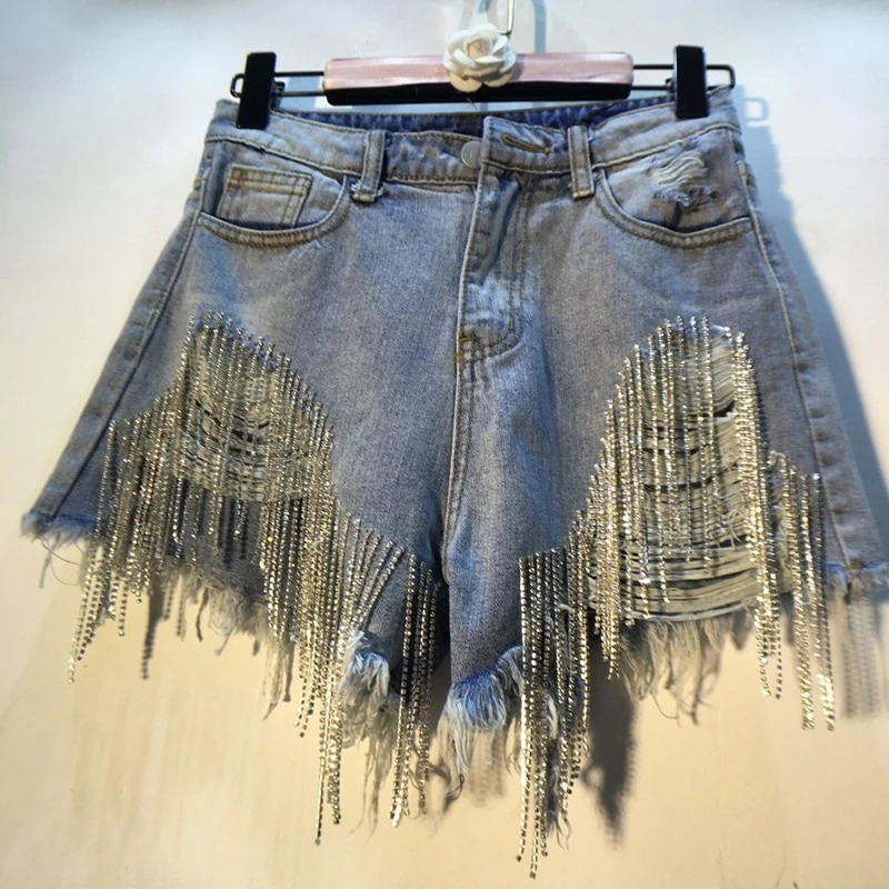 

2021 Summer Wear Heavy Tassels Nail Diamond Beads High Waist All-match Thin Waist Denim Shorts Women Vintage Blue Jeans Shorts