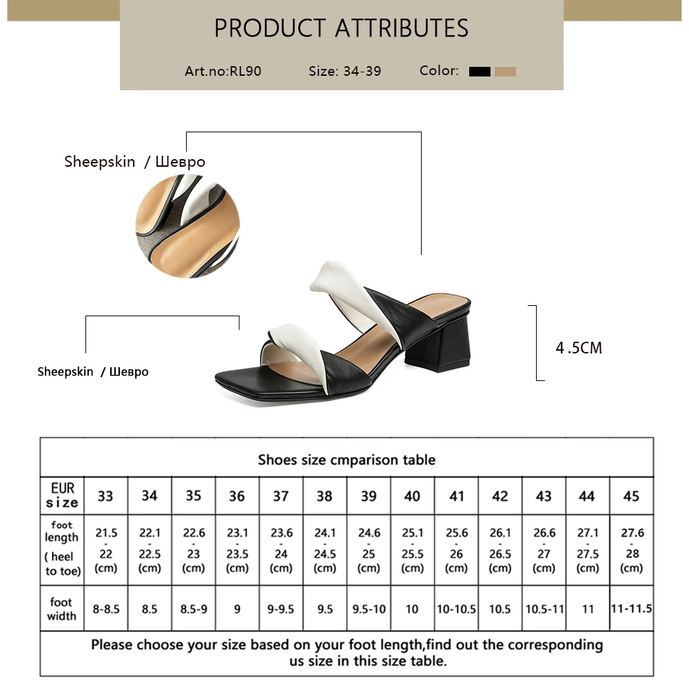 

RJN Mid Square Heel Mature Pleated Ladies Shoes Sandals Summer Stylish New Dressing Square Toe Genuine Leather 2021 RL90