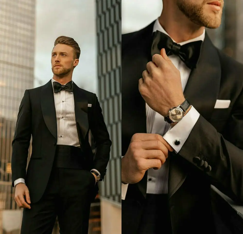 

Black Mens Wedding Suits Slim Fit Satin Peaked Lapel Groom Tuxedos Formal Work Prom Office Business Mens Suits Blazer(Jacket+Pan